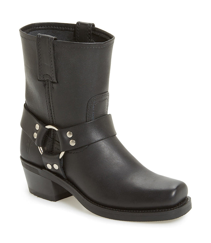 Black Frye Harness 8R mid moto boot with harness detailing, metal ring accents, block heel, and smooth oiled leather.