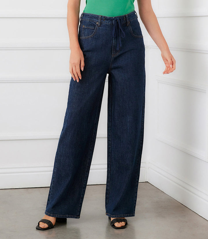 Denim Drawstring Wide-Leg Pants