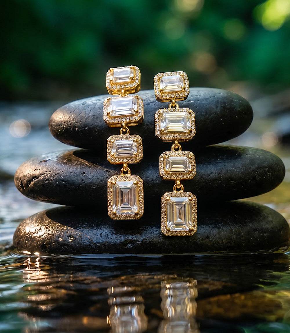 Triple crystal earrings with three linked emerald-cut cubic zirconia stones in 14K gold-plated brass