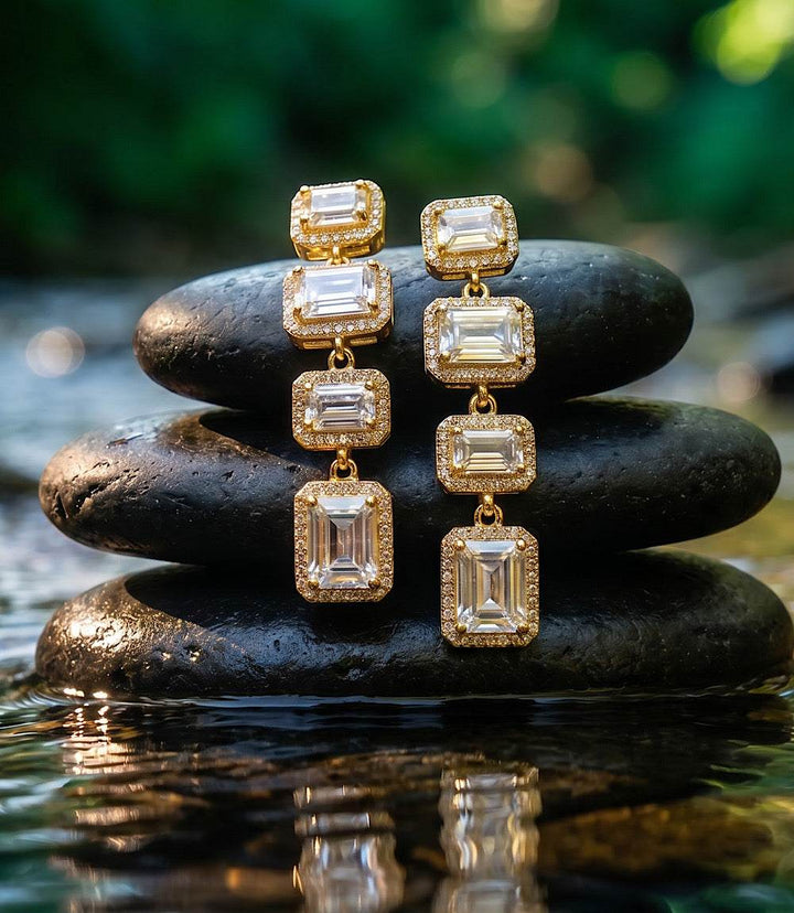 Triple crystal earrings with three linked emerald-cut cubic zirconia stones in 14K gold-plated brass