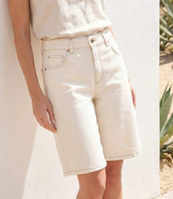 High-rise stretch denim Bermuda shorts with longer length and five pockets