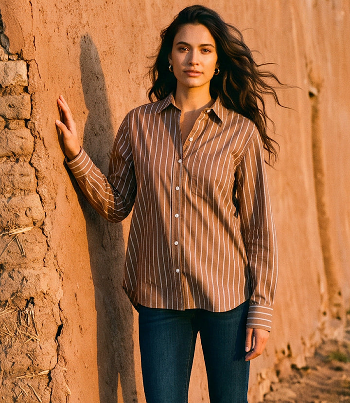 Stripe Long Sleeve Single Pocket Button-Up Shirt