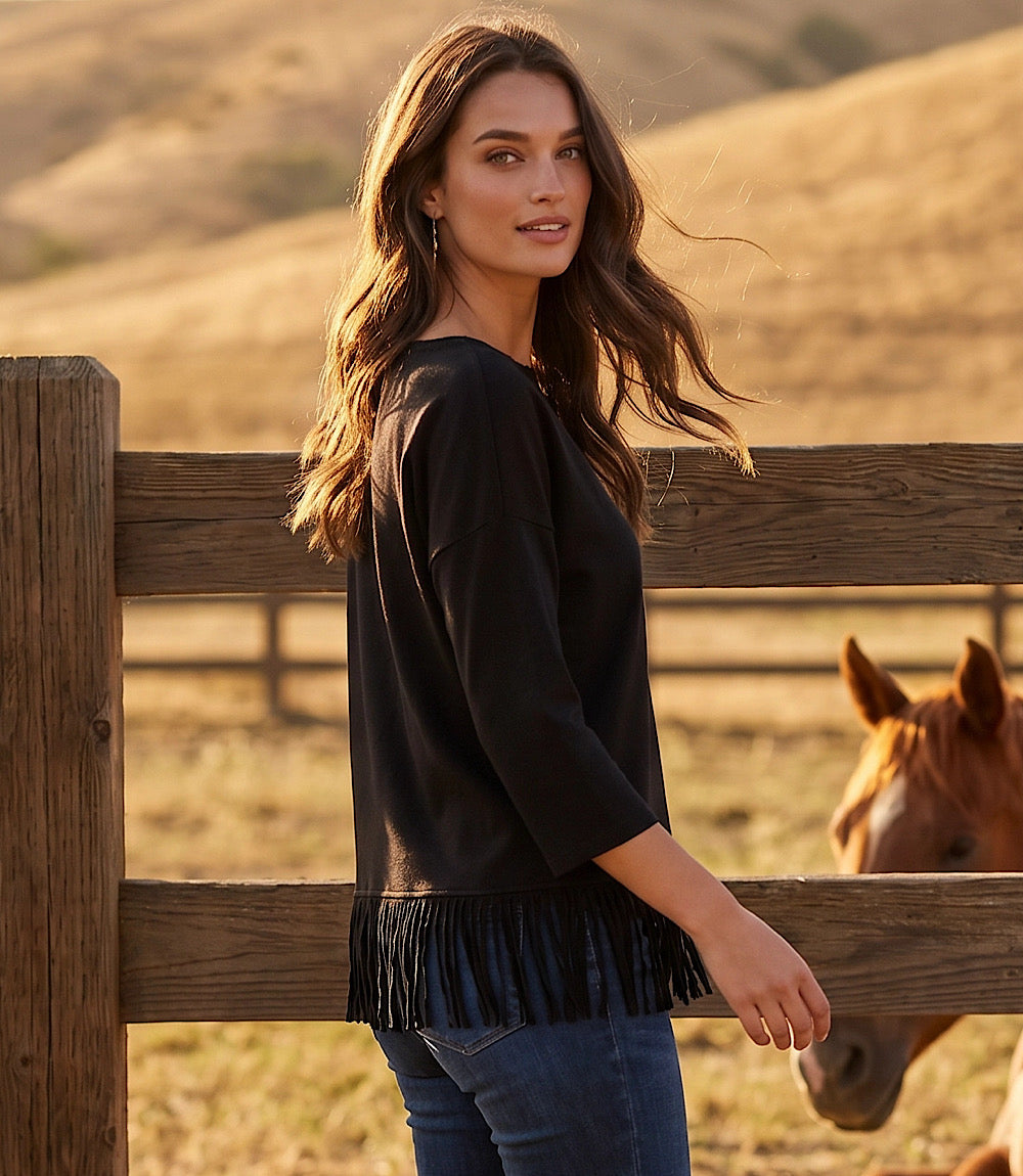 3/4 Sleeve Fringe Boatneck Top