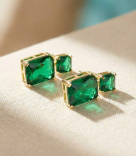 Princess cut drop earrings with emerald gemstones and 14K gold plated setting
