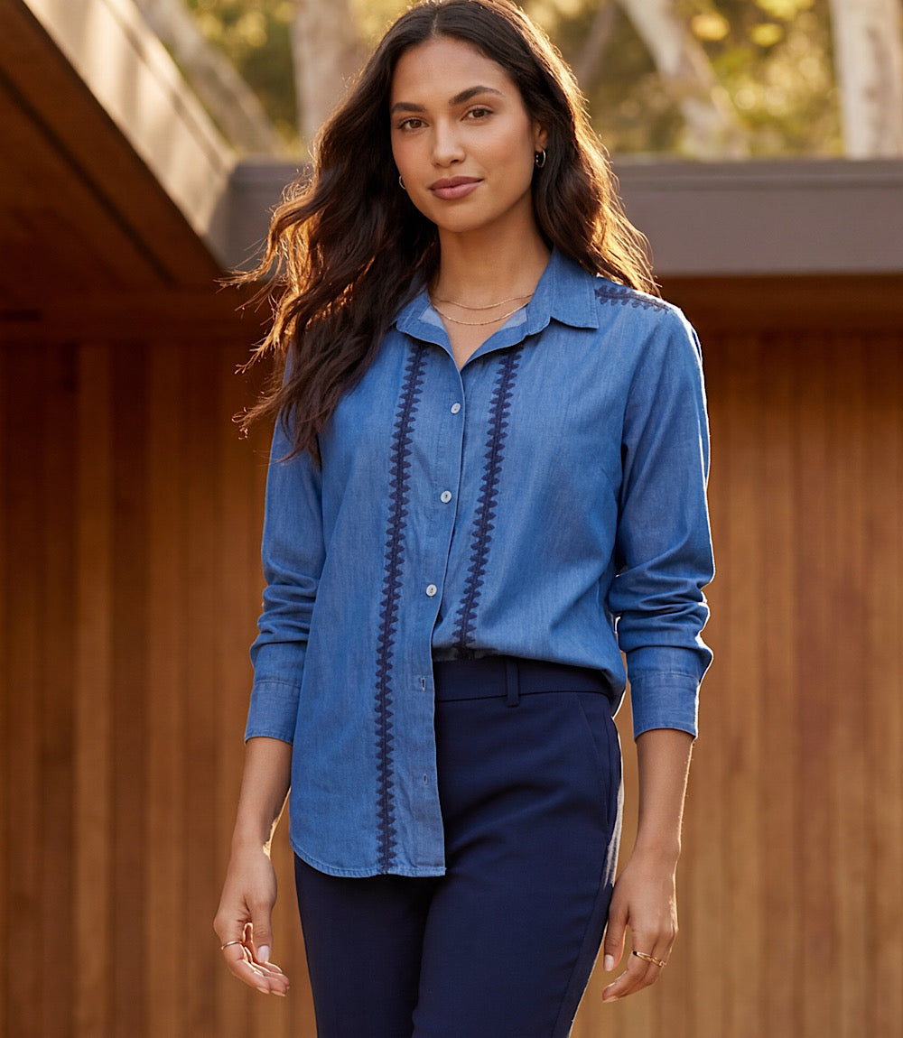 Long Sleeve Crochet Trim Button-Up Shirt