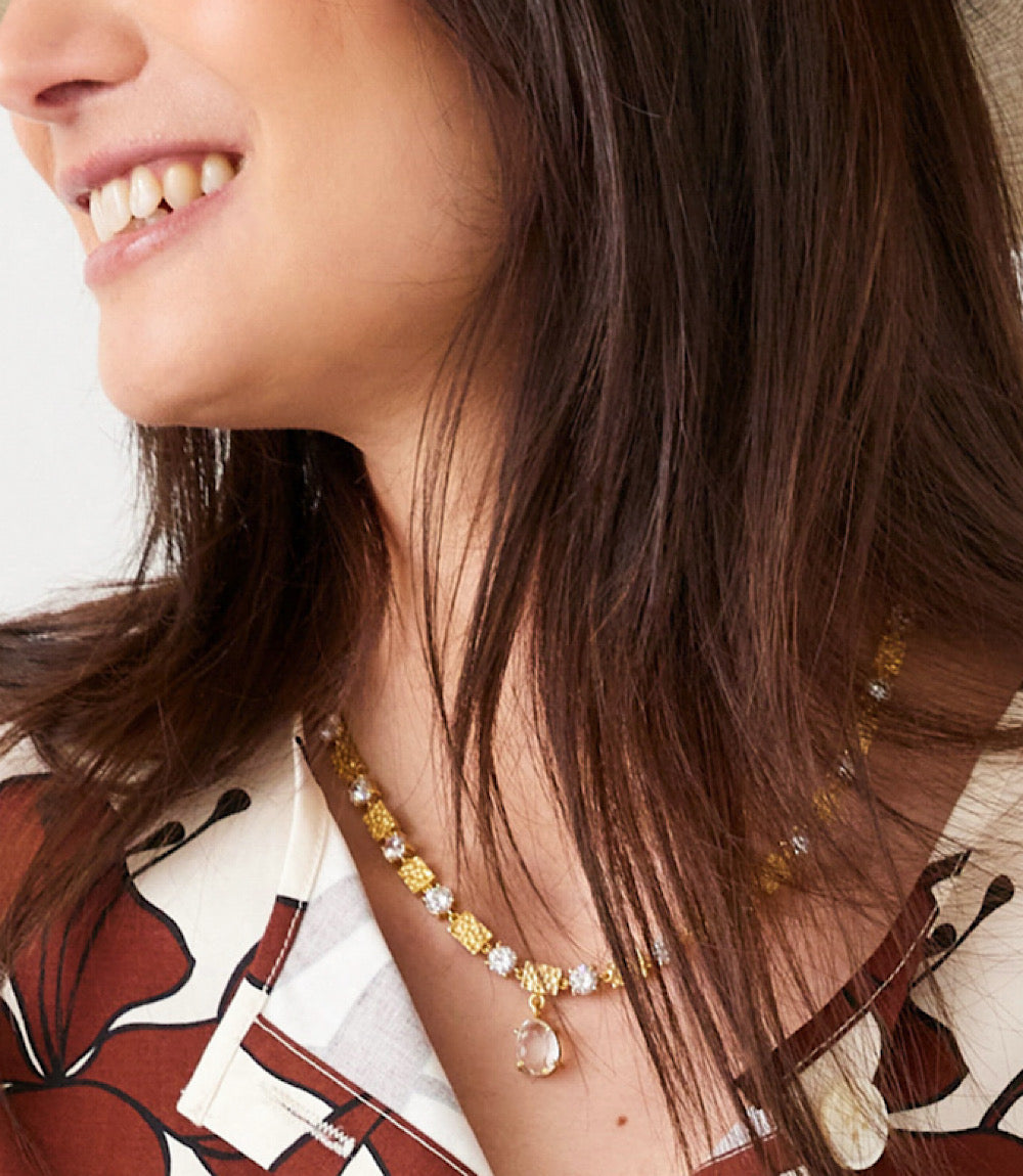 Matte Gold And Crystal Stone Necklace