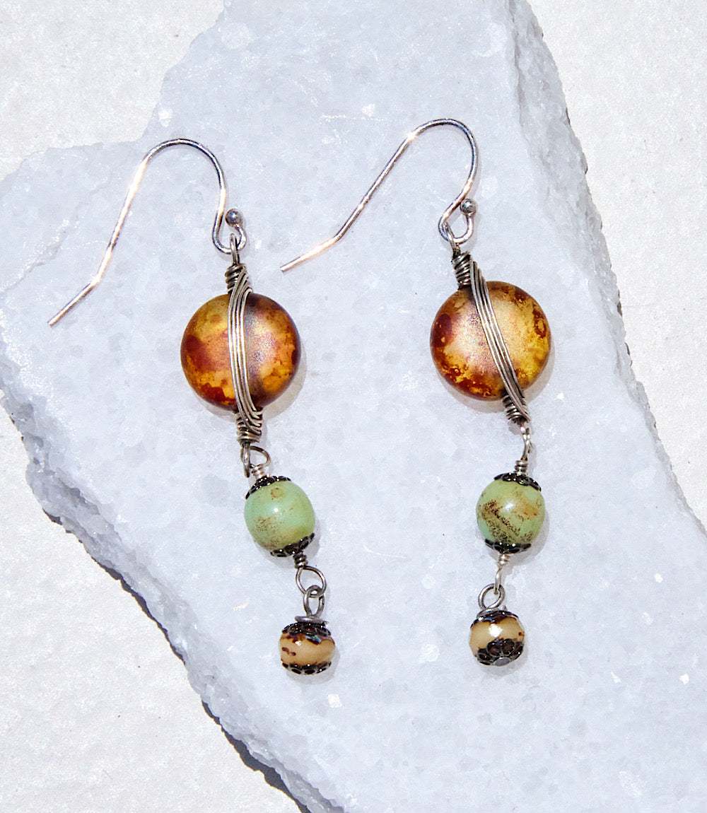 Antique Glass Cascading Dangle Earrings with multi-colored Czech glass beads and antique silver-plated brass hooks