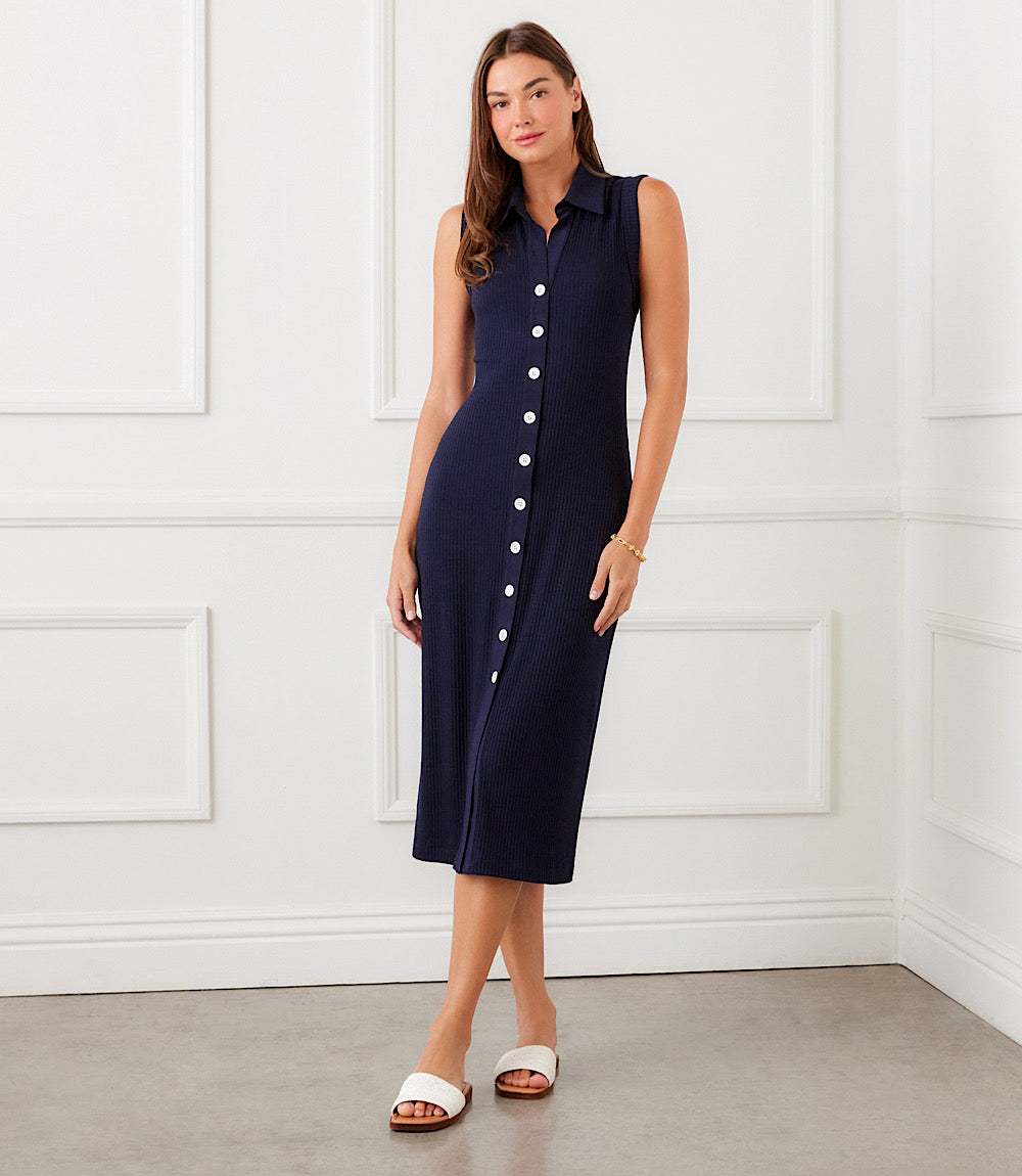 ribbed stretch knit button midi dress Ribbed Stretch Knit Button Midi Dress in WHITE - Sale