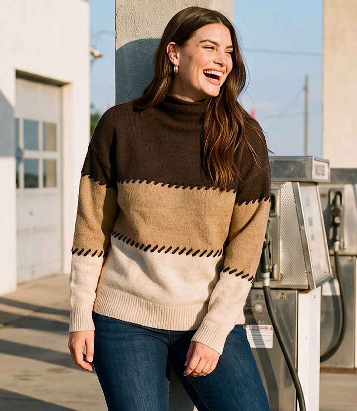 Plus Size Contrast Stitch Mock Neck Colorblock Sweater