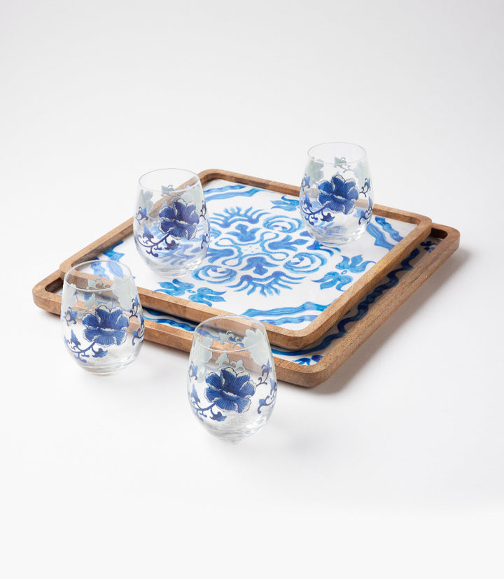 Blue Block Print Serving Trays, Set Of 2