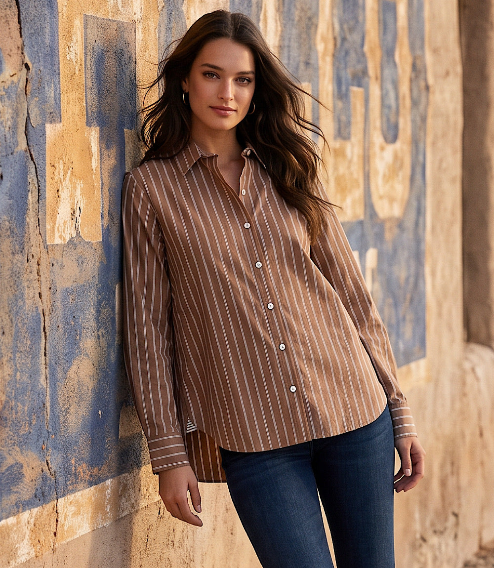 Stripe Long Sleeve Single Pocket Button-Up Shirt