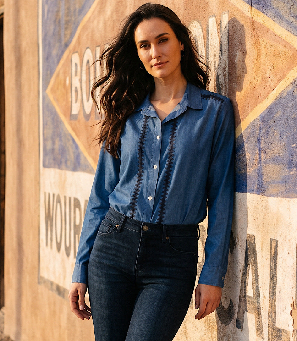 Long Sleeve Crochet Trim Button-Up Shirt