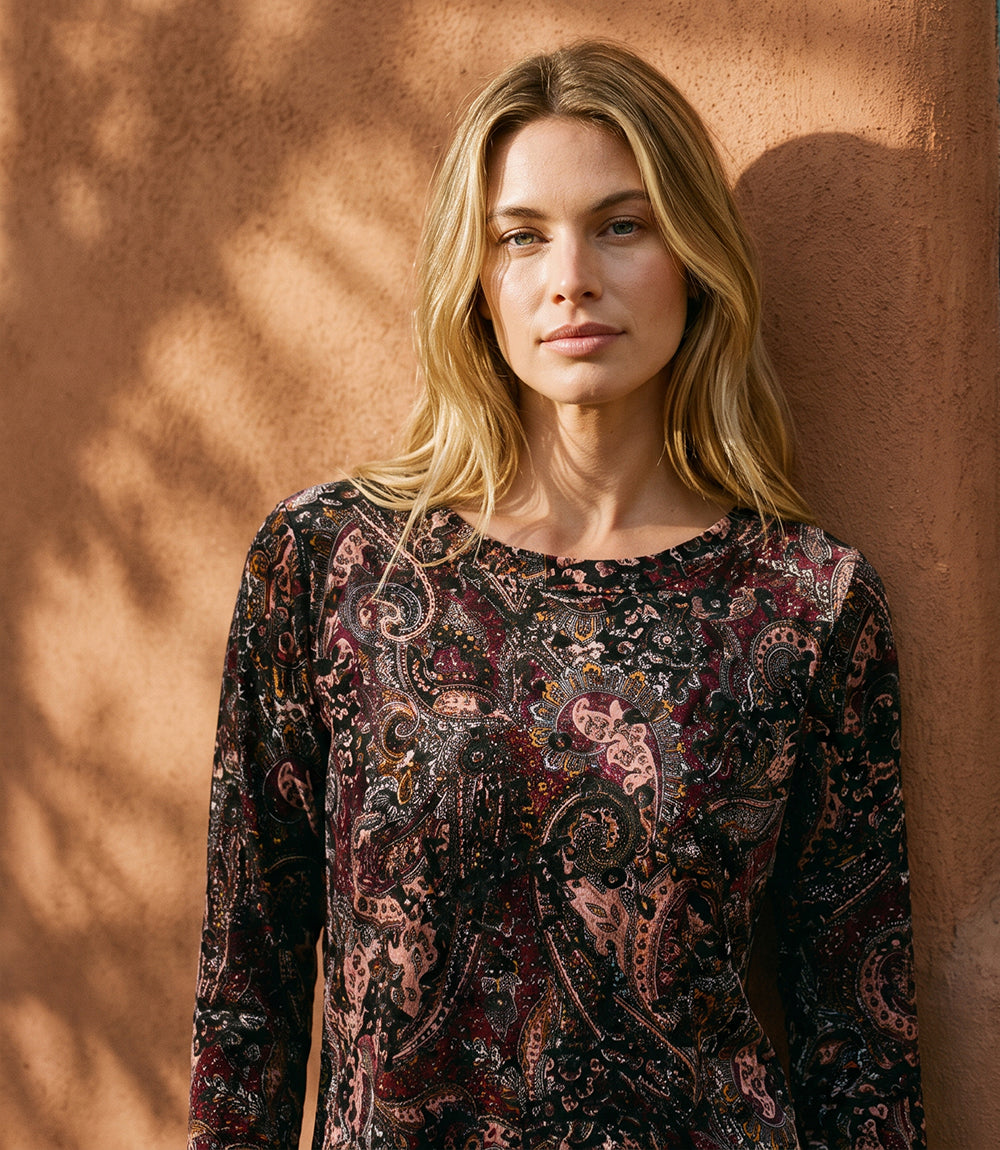 Long Sleeve Velvet Burnout Shirttail Top