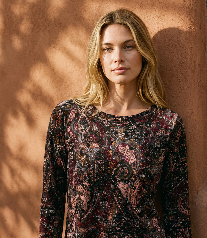 Long Sleeve Velvet Burnout Shirttail Top