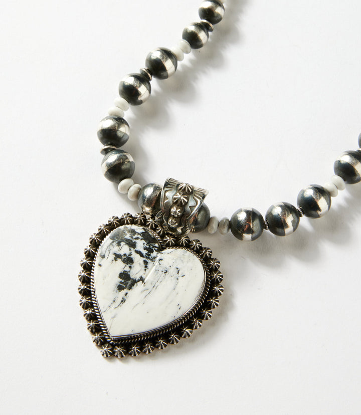 White Buffalo And Navajo Pearl Heart Necklace And Earring Set
