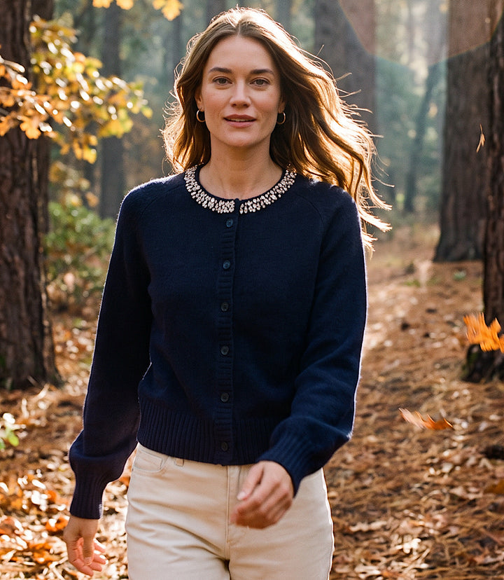 Embellished Crewneck Cardigan Sweater