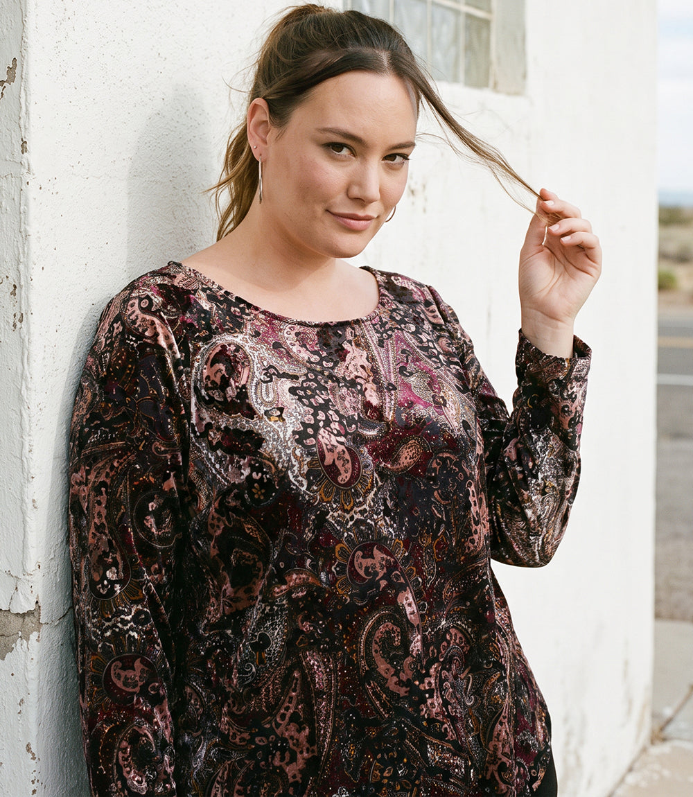Plus Size Long Sleeve Velvet Burnout Shirttail Top