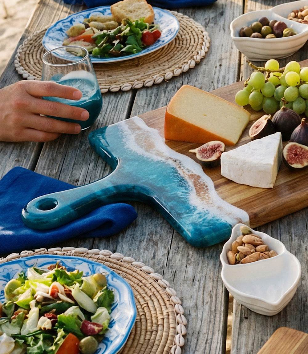 Ocean Waves Wooden Tray - Handcrafted Acacia & Resin Serveware (50