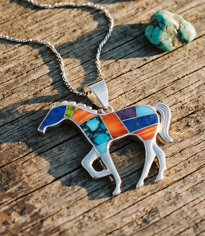 Multi-Stone Inlay Running Horse Pendant Necklace