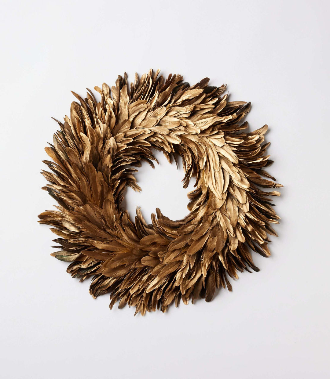 Gold flocked feather metallic wreath with layered shimmering feathers and natural feather accents, 20 inches diameter