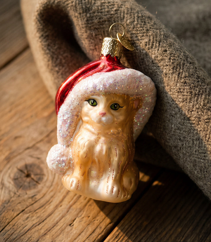 Santa's Kitten Glass Ornament