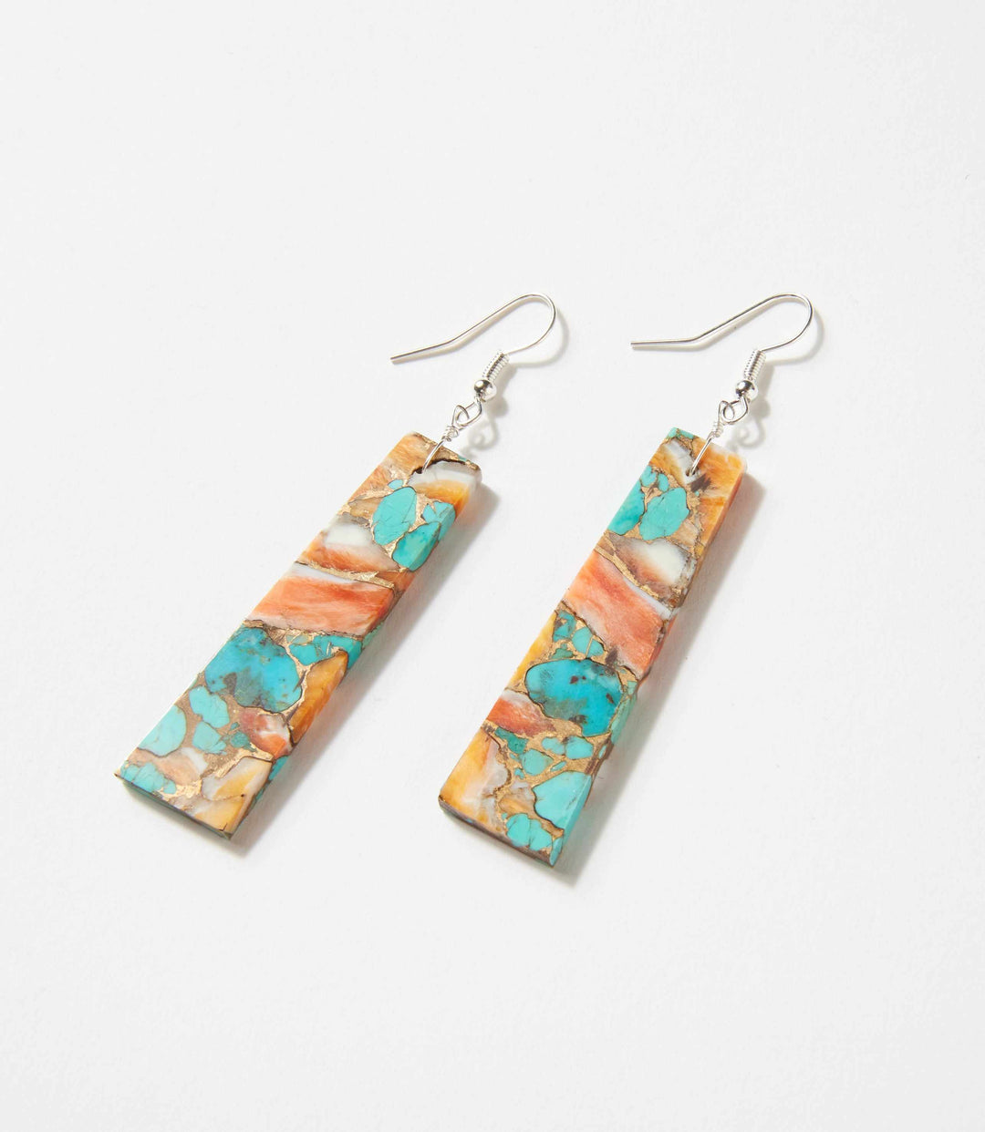 Angular turquoise and spiny oyster shell rectangular drop earrings with sterling silver hooks and translucent bead accents