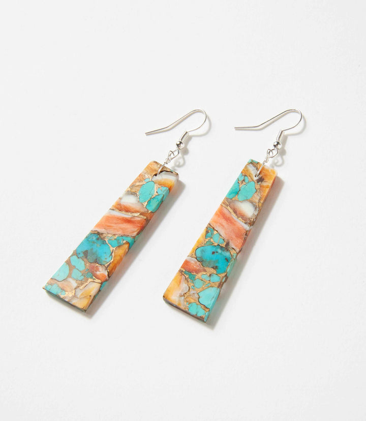 Angular turquoise and spiny oyster shell rectangular drop earrings with sterling silver hooks and translucent bead accents
