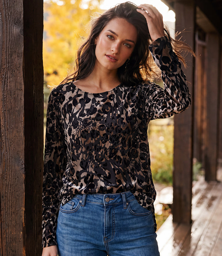 Petite Size Long Sleeve Velvet Burnout Shirttail Top