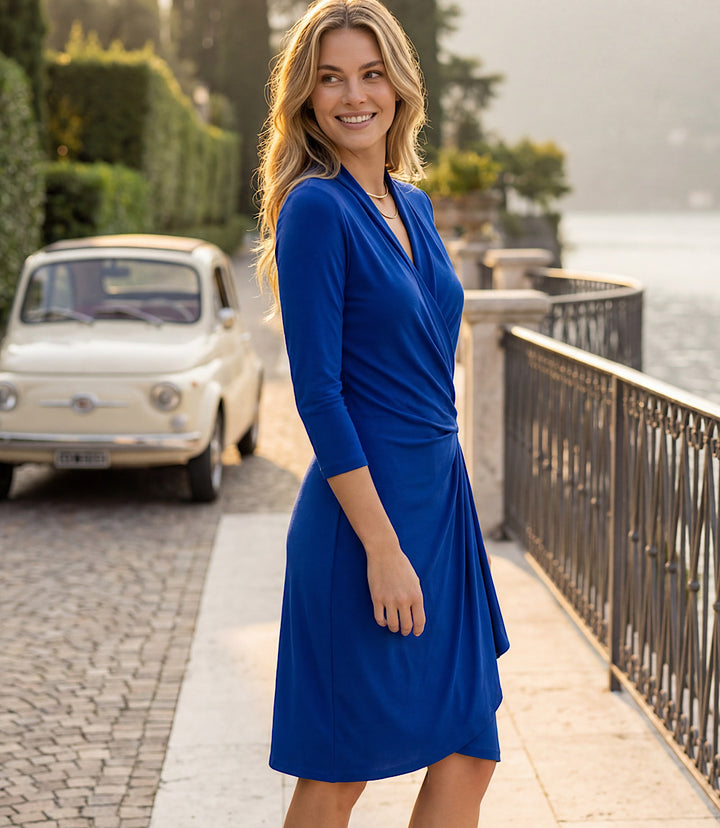 3/4 Sleeve Cascade Wrap Dress