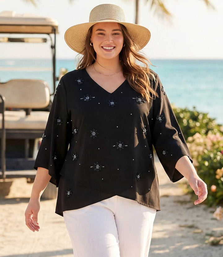 Plus size bracelet sleeve asymmetric top with embellished flutter sleeves and V-neck in smooth twill fabric
