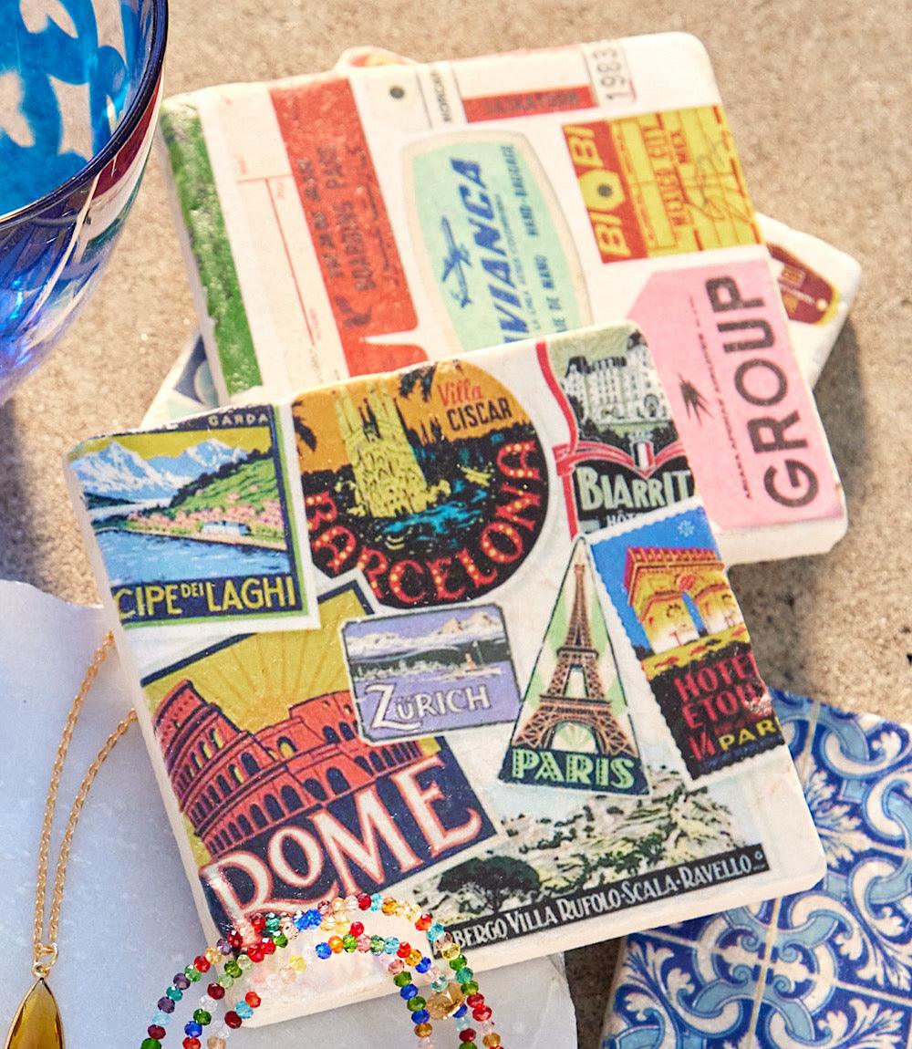 Luggage Tag Marble Coasters, Set Of 4