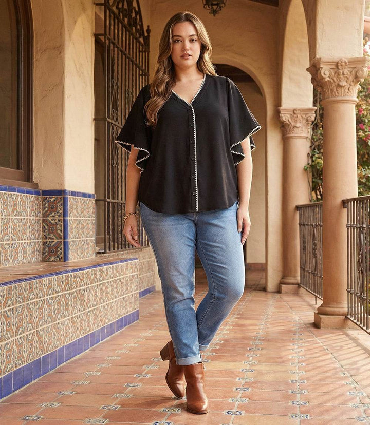 Plus Size Flutter Sleeve Edge Stitch Top
