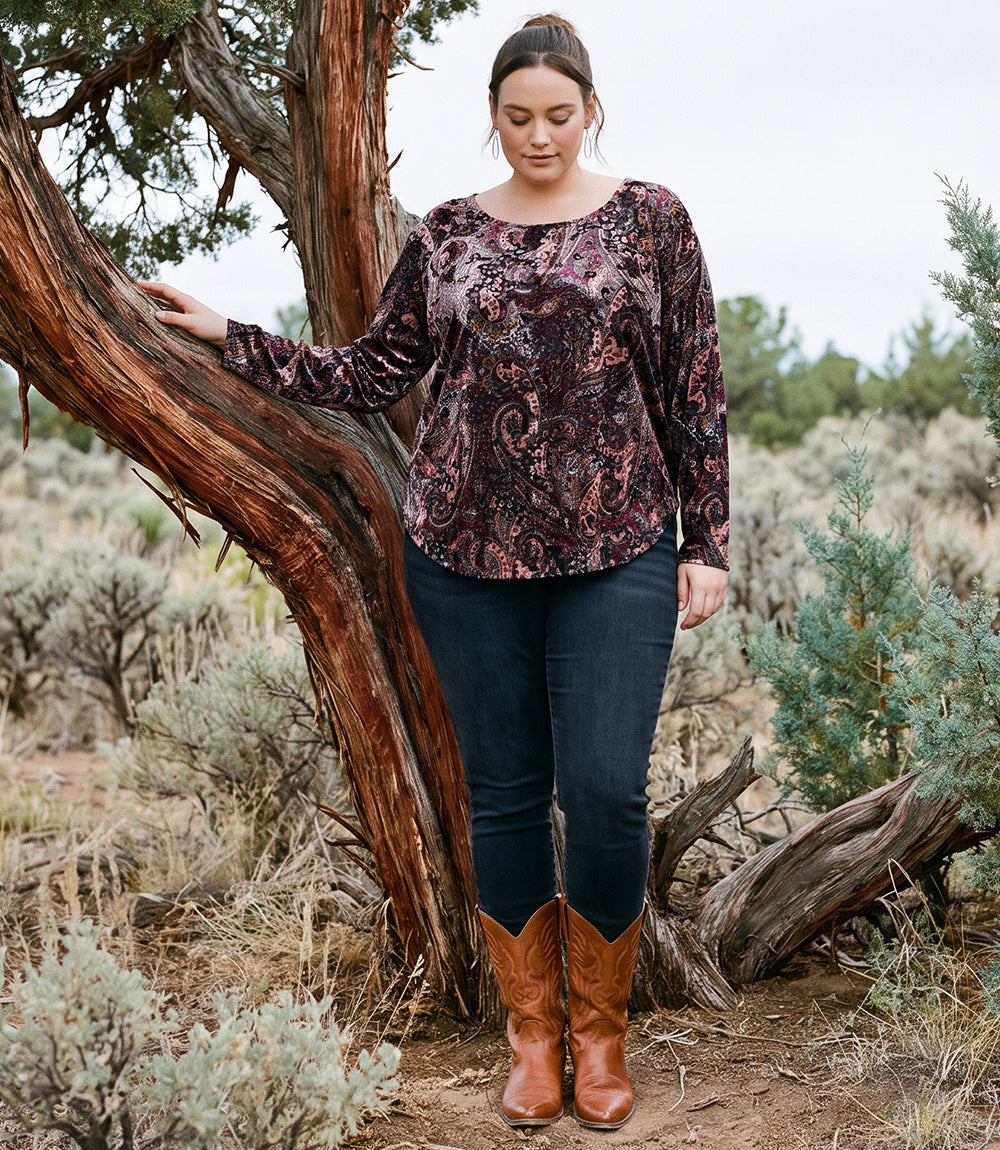 Plus Size Long Sleeve Velvet Burnout Shirttail Top