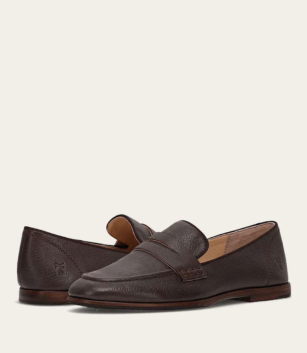 Brown Frye Faith Loafers in natural milled nappa leather with penny strap and moc-toe stitching