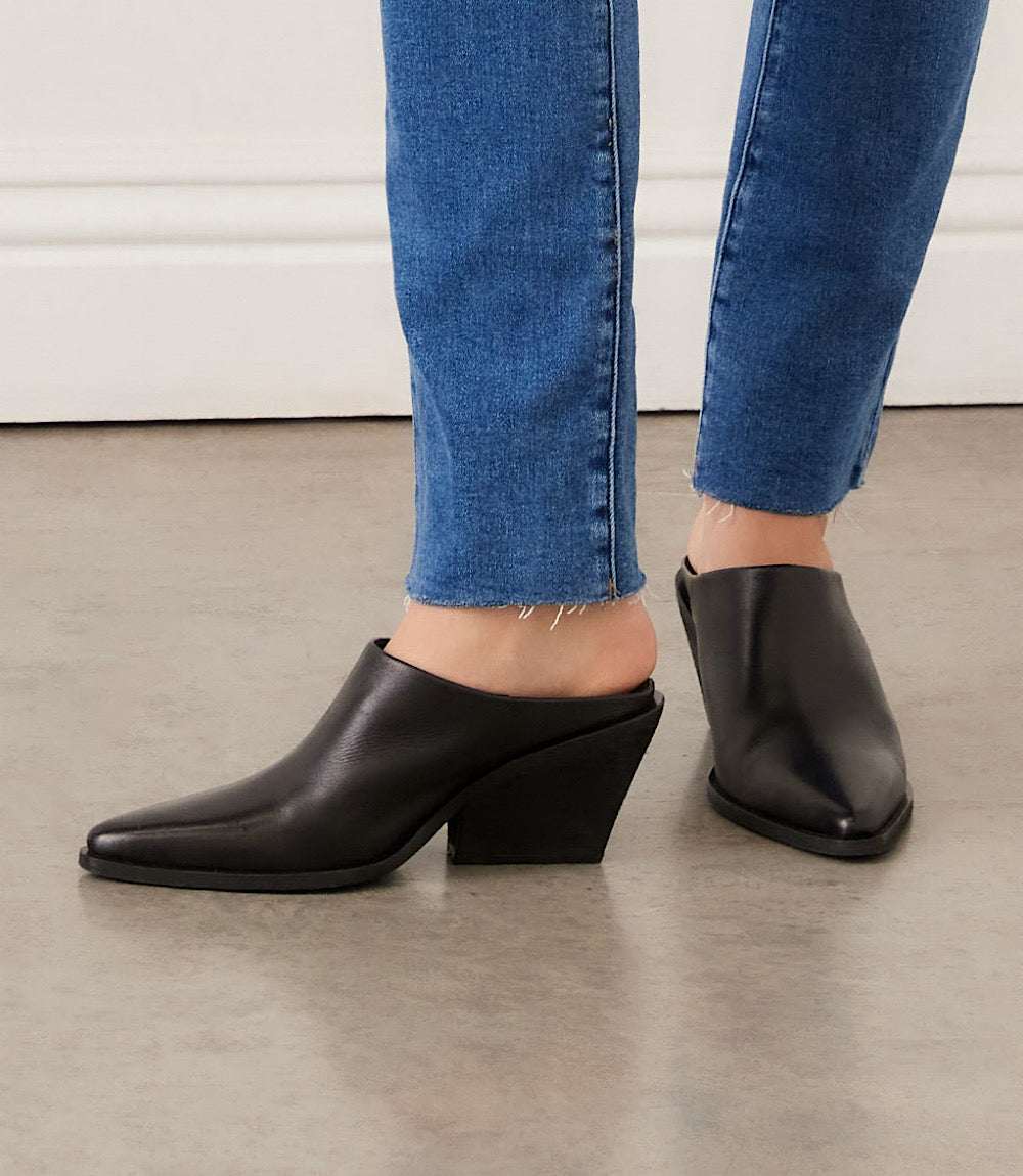 Seychelles Morning Joe Mule Boots black leather pointed toe backless slip-on with stacked heel