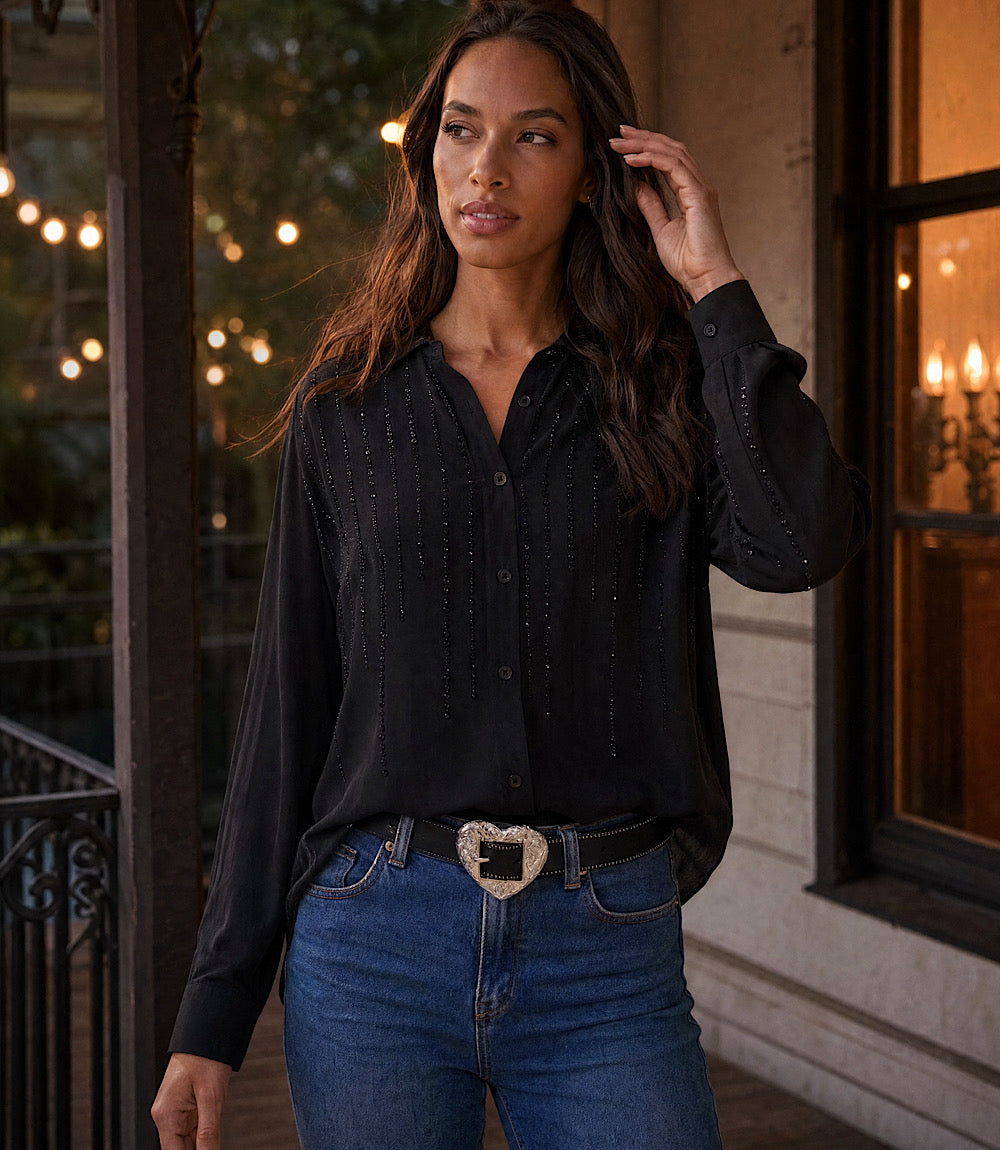 Long Sleeve Gemstone Button-Up Top