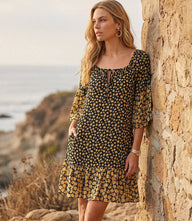 Yellow and black Contrast Ruffle Hem Dress with flutter sleeves and tiered hem