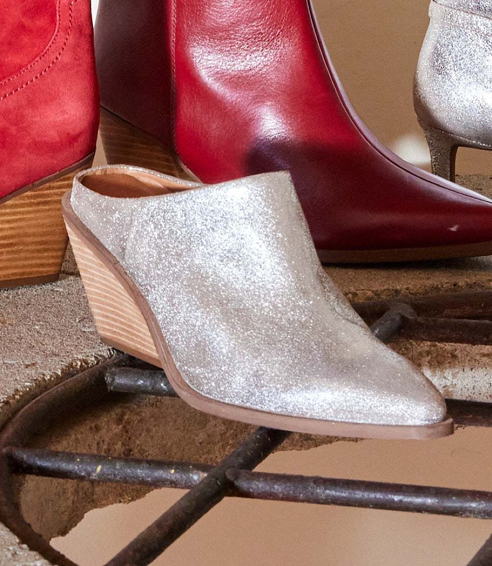 Seychelles Morning Joe mule boots in pewter distressed suede with pointed toe and stacked heel, backless slip-on design