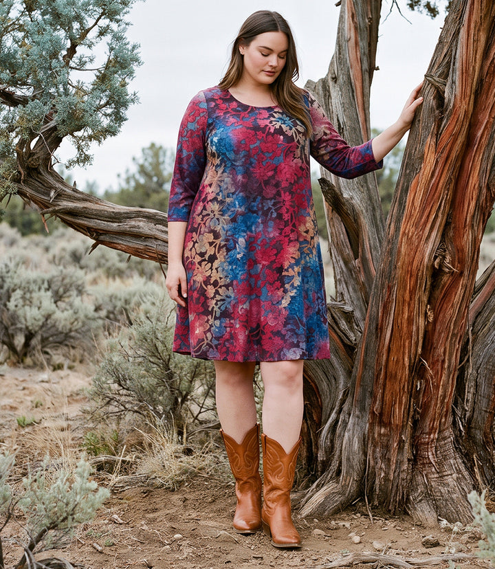 Plus Size 3/4 Sleeve Tie-Dye Burnout Maggie Dress