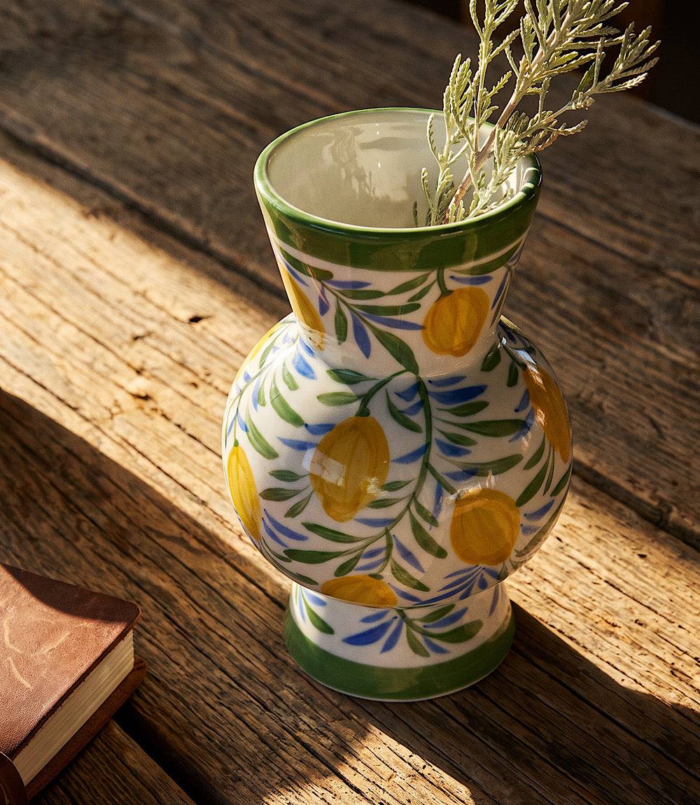 Hand-Painted Small Lemon Vase in porcelain with vibrant lemon motif and botanical details