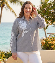 Plus Size Long Sleeve Stripe Embroidered Shirt