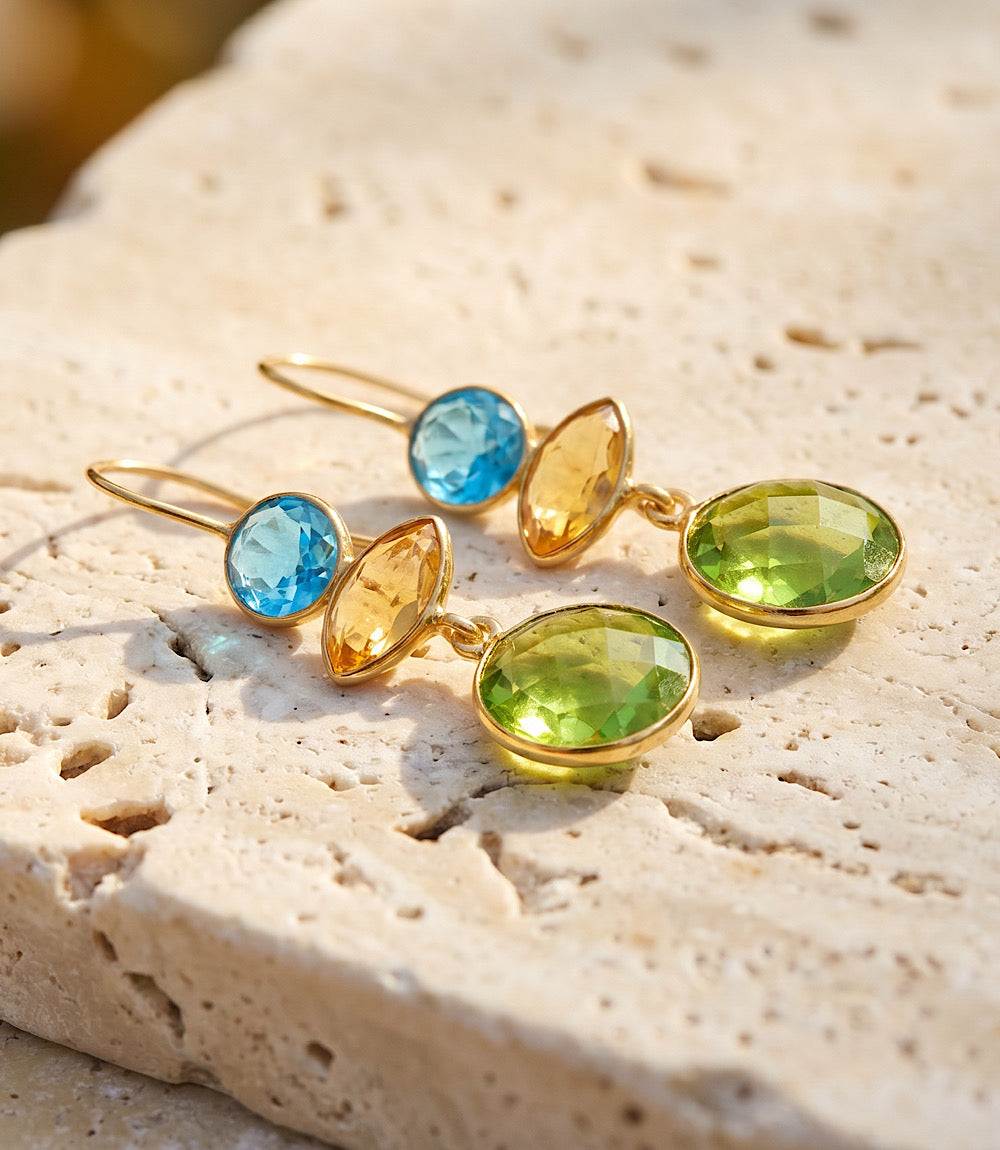 Multicolor gem earrings with blue topaz, citrine, and peridot in gold-tone setting