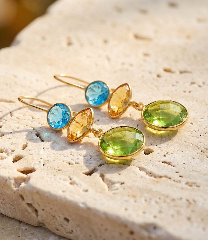 Multicolor gem earrings with blue topaz, citrine, and peridot in gold-tone setting