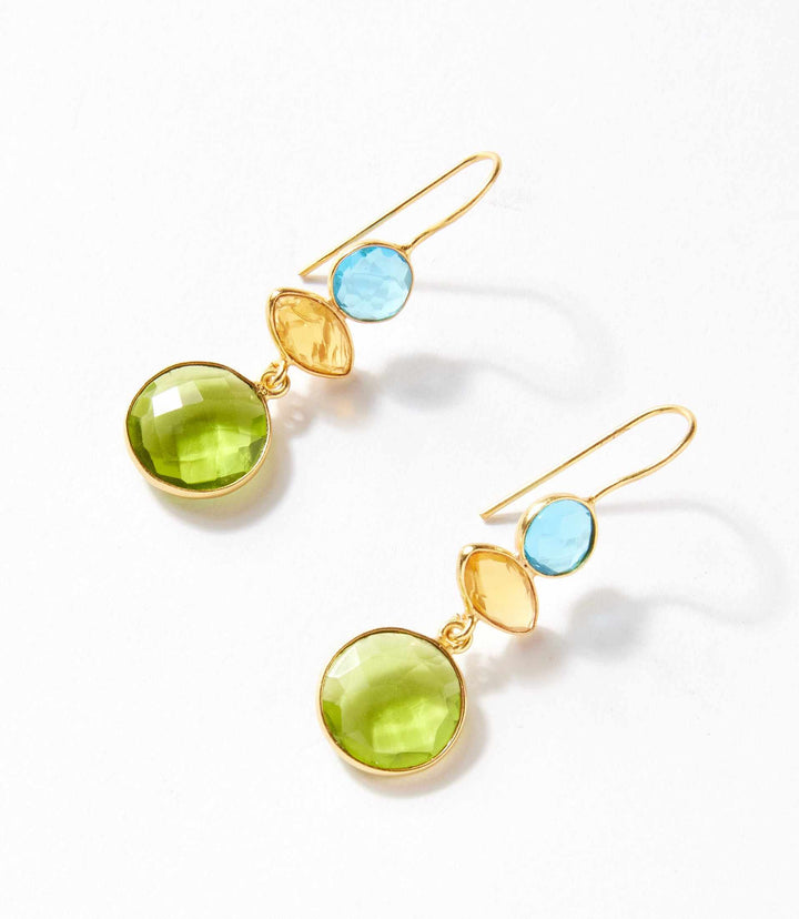 Multicolor gem earrings with blue topaz, citrine, and peridot set in gold-tone bezel drop design