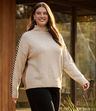 Plus Size Contrast Stitch Mock Neck Colorblock Sweater