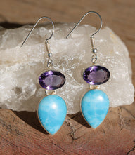 Larimar and Amethyst drop earrings with silver-plated brass and hook-style wires