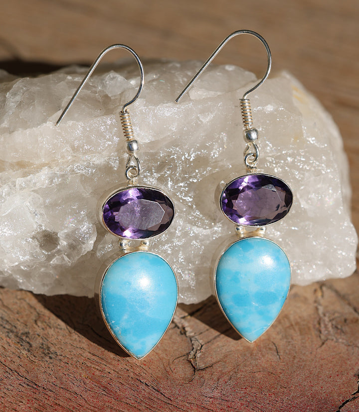 Larimar And Amethyst Drop Earrings