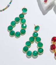 Gemstone bezel drop earrings with polished green gemstones in 18k gold and sterling silver settings