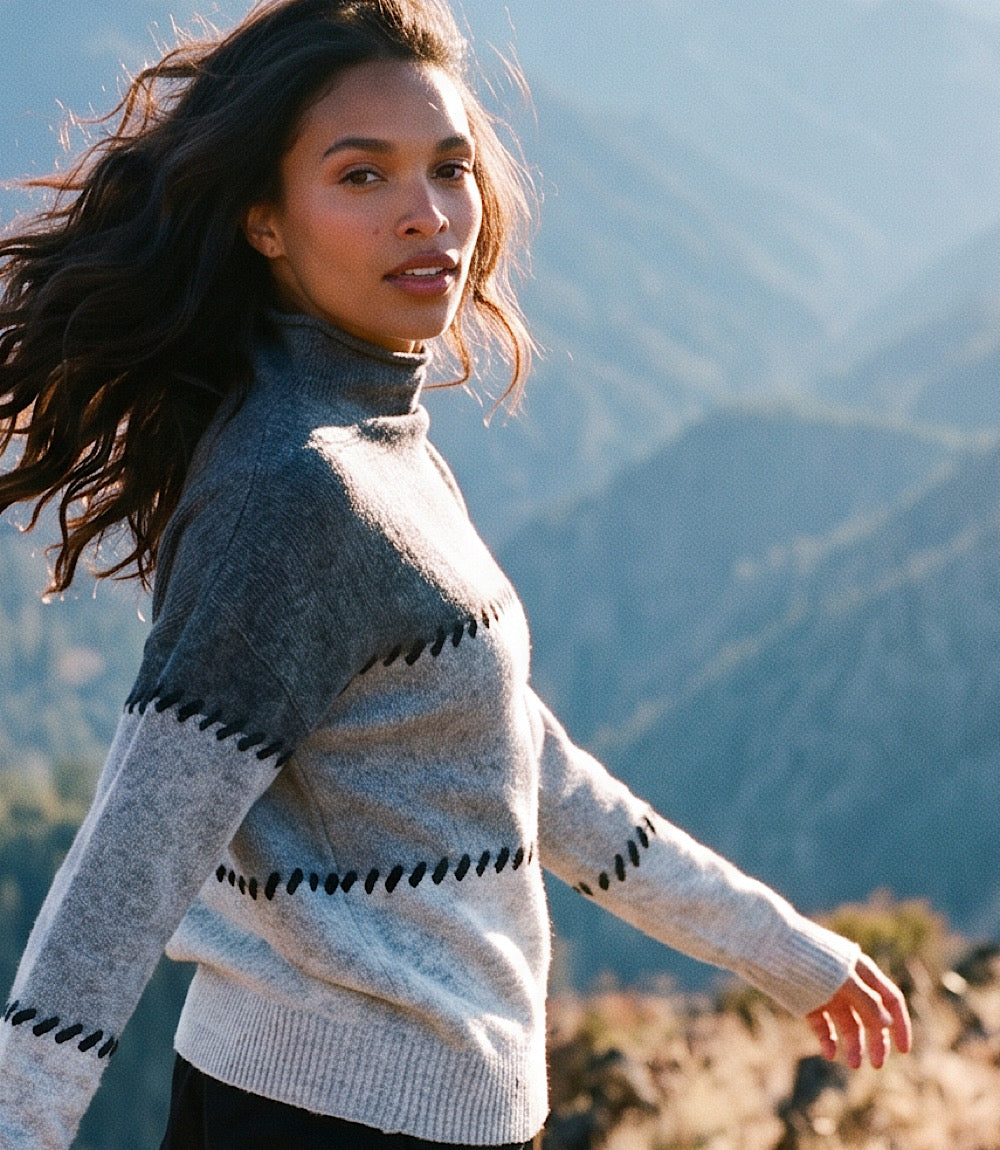 Contrast Stitch Mock Neck Colorblock Sweater