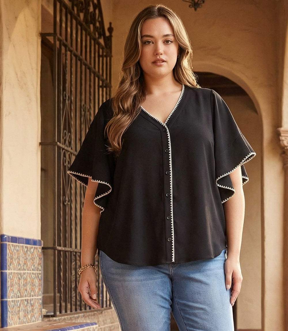 Plus Size Flutter Sleeve Edge Stitch Top